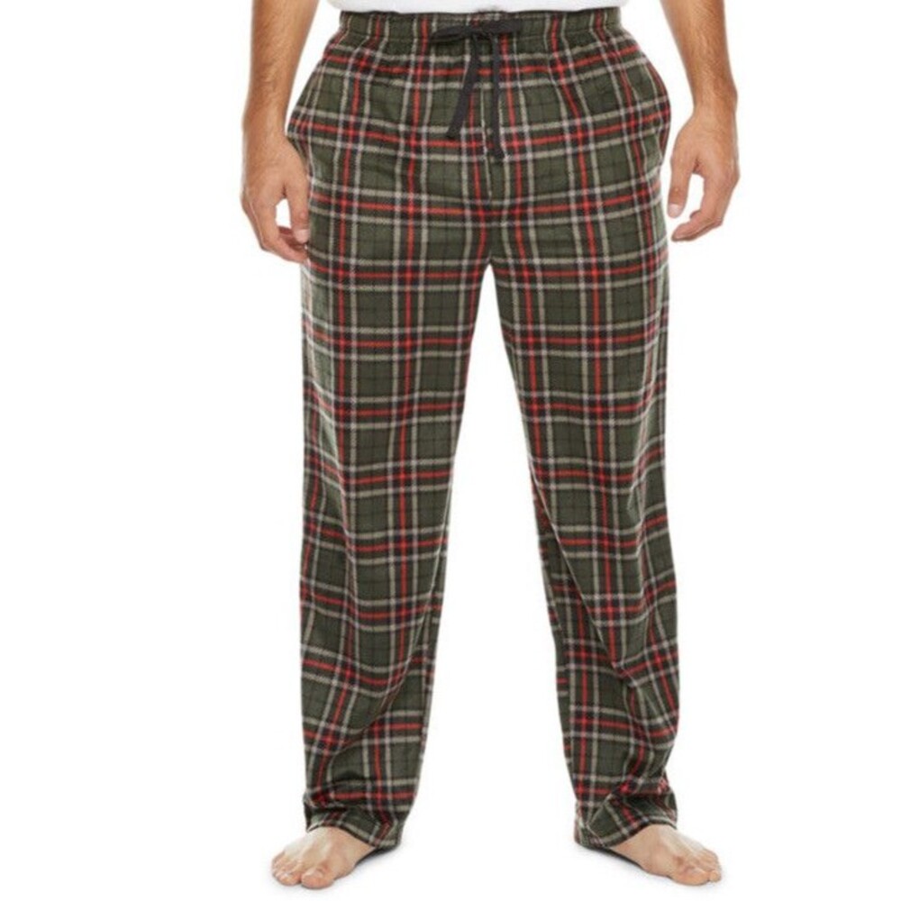 St. John's Bay Men's Microfleece Pajama Lounge Pants MEDIUM Green Orange Plaid